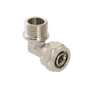Фитинг обжимной «уголок»,  с наружной резьбой предназначен для присоединения металлополимерных (металлопластиковых) трубопроводов. Корпус фитинга выполнен из горячештампованной никелированной латуни.